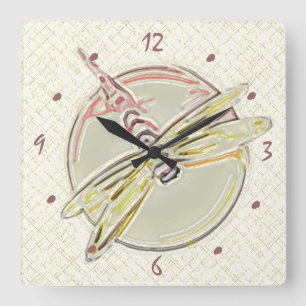 Horloge Carrée L'art des libellules dans les tons rose et jaune