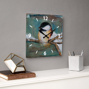Horloge Carrée L'art mignon des oiseaux en chickadee