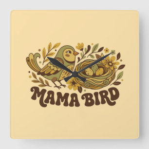 Horloge Carrée L'art rétro de Mama Bird – Illustration de la natu