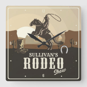 Horloge Carrée Lasso Roping Roundup ADD NAME Western Rodeo Show