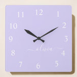 Horloge Carrée Lavender Purple Script Monogram Girly Name<br><div class="desc">Lavender Purple Script Monogram Clock. This makes the perfect sweet 16 birthday,  wedding,  bridal shower,  anniversary,  baby shower or bachelorette party gift for someone that loves glam luxury and chic styles.</div>