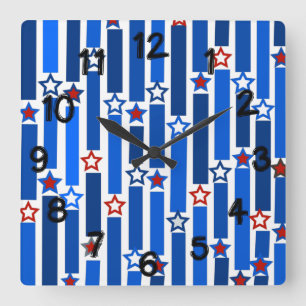 Horloge Carrée Le 4 juillet Etoiles et rayures 