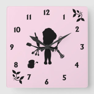 Horloge Carrée Le Baker Jongle Ses Ustensiles / Outils Rose