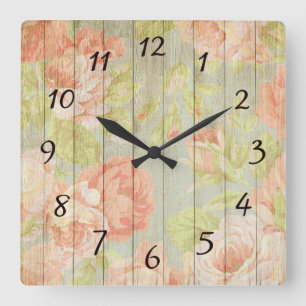 Horloge Carrée Le bois floral vintage rustique s'est levé