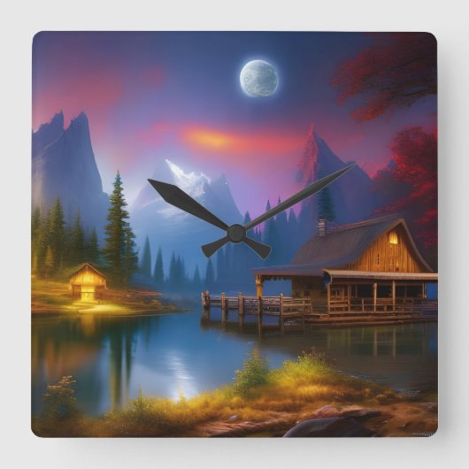 Horloge Carrée Le Cabine dans l'anse sous la lune (Recto)