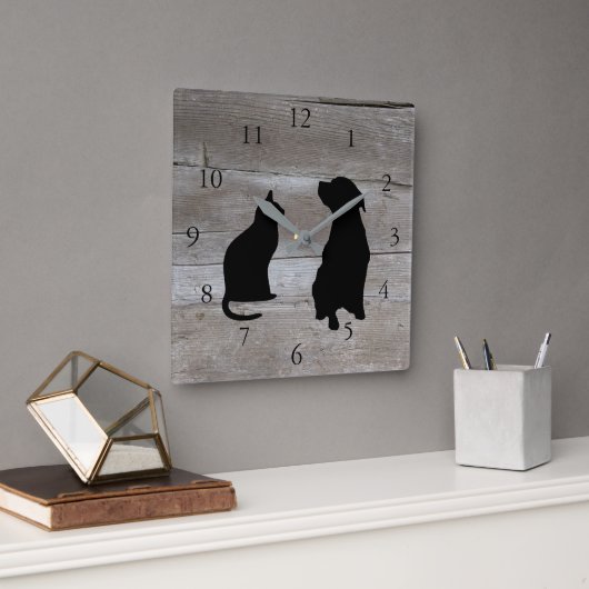 Horloge Carrée Le chien moderne de chat silhouette l'arrière - (Bureau)
