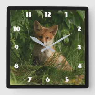 Horloge Carrée Le chou renard dans une forêt verte