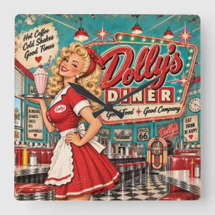 Horloge Carrée Le diner de Dolly Vintage Américaine rétro années 