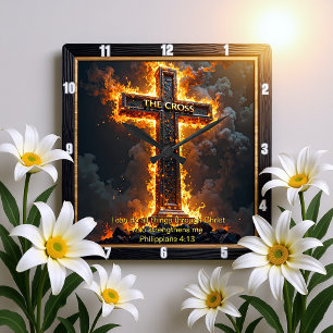 Horloge Carrée Le Médaillon de la Croix Feu Philippiens 4:13 Vers