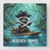 Horloge Carrée Le mignon capitaine Raccoon descend en rafting sur (Recto)