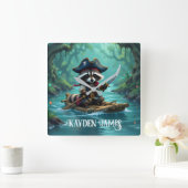 Horloge Carrée Le mignon capitaine Raccoon descend en rafting sur (Maison)