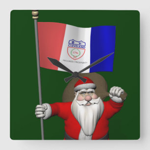 Horloge Carrée Le Père Noël Avec L'Ensigne De Cleveland