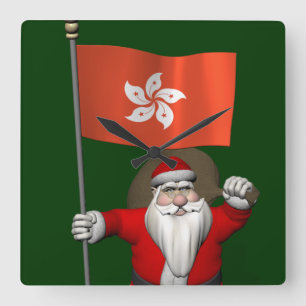 Horloge Carrée Le Père Noël Avec L'Ensigne De Hong Kong