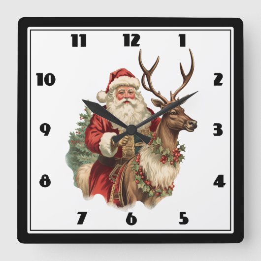 Horloge Carrée Le Père Noël classique à cheval un renne Noël (Recto)