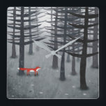 Horloge Carrée Le renard et la forêt<br><div class="desc">Un renard rouge sauvage se dresse au milieu des pins dans une forêt sombre. Une peinture paysagère pour la faune, la nature et les amoureux des animaux.</div>