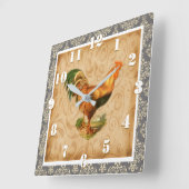 Horloge Carrée L'élégante Damask Ornate du coq rustique (Angle)