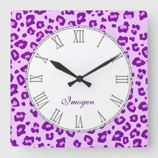 Horloge Carrée Leopard animal print purple name wall clock (Recto)