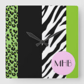Horloge Carrée Léopard, Zèbre, Poster de animal, Vert, Monogramme (Recto)