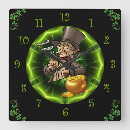 Horloge Carrée Leprechaun Pris Sur Pot D'Or (Recto)