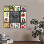 Horloge Carrée Les bonnes choses se passent au 12 Photo Grey Wood<br><div class="desc">Horloge photo pour grands-parents avec 12 de vos photos préférées. Créez votre propre collage photo de style grille et ajoutez les noms des petits-enfants (2 à 8 noms semble mieux). La citation dit "de bonnes choses arrivent chez grand-mère". Le design est écrit en typographie manuscrite et capricieuse sur un arrière...</div>