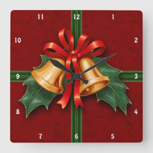 Horloge Carrée Les cloches de Noël et le rouge des Feuilles Holl