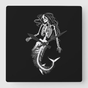 Horloge Carrée Les femmes amusantes Halloween Mermaid Skeleton Co