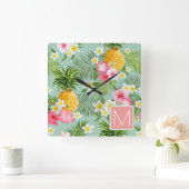 Horloge Carrée Les Fleurs tropicales | Add Your Initial (Maison)