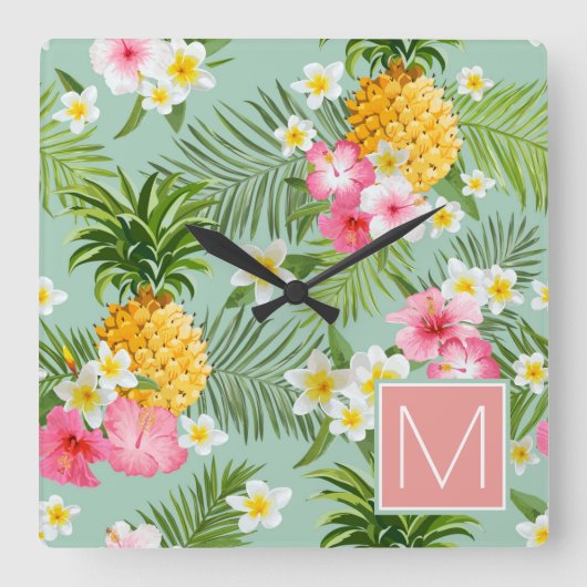 Horloge Carrée Les Fleurs tropicales | Add Your Initial (Recto)