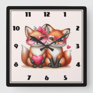 Horloge Carrée Les mignons renards orange en amour