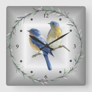 Horloge Carrée Les oiseaux bleus de &Yellow verdissent Back~