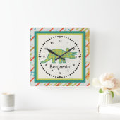 Horloge Carrée Les Petits Dinosaures Wall Clock Green Tricérotops (Maison)