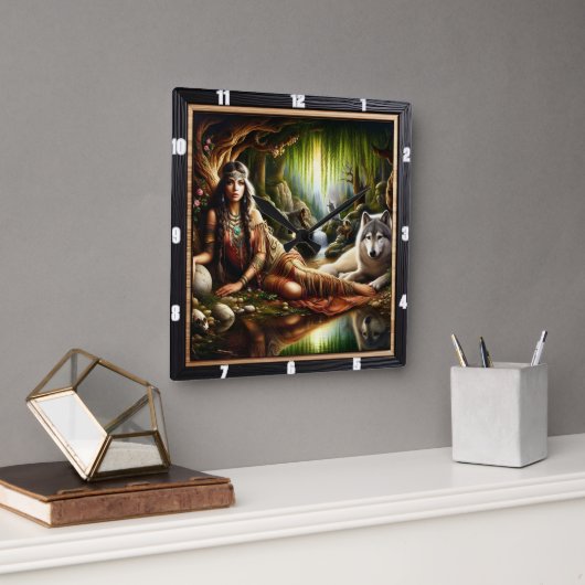 Horloge Carrée L'esprit indien au temps : le feu de camp (Bureau)