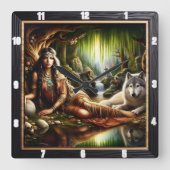 Horloge Carrée L'esprit indien au temps : le feu de camp (Recto)