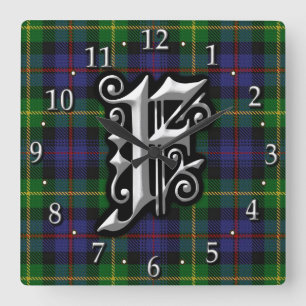Horloge Carrée Lettre Clan Farquharson F Monogramme Tartan
