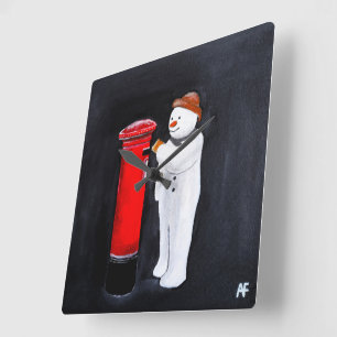 Horloge Carrée Lettre de bonhomme de neige au Père Noël Peinture