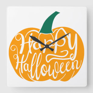 Horloge Carrée Lettre Joyeux Halloween sur citrouille sculptée