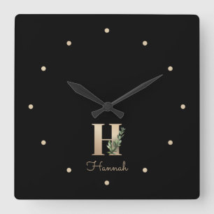 Horloge Carrée LETTRE MONOGRAPHIQUE BOtanique Élégante H