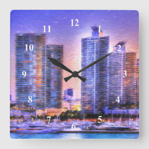 Horloge Carrée Lever de soleil sur la skyline vibrante de Miami