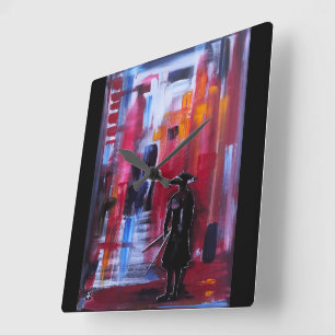 Horloge Carrée L'Horizon du Samouraï Peinture d'Alfred Fox