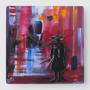 Horloge Carrée L'Horizon du Samouraï Peinture d'Alfred Fox