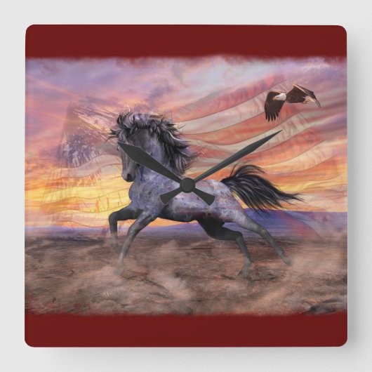 Horloge Carrée Liberté Mustang & Eagle Patriotique (Recto)