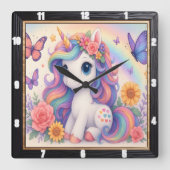 Horloge Carrée Licorne Arc-en-Ciel Enfant Fleur (Recto)
