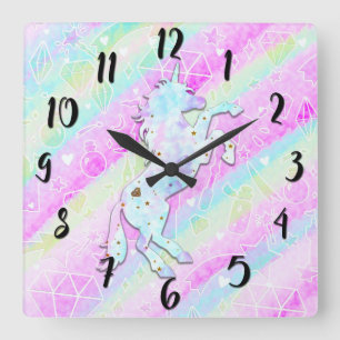 Horloge Carrée Licorne magique aux diamants arc‑en‑ciel pastel et