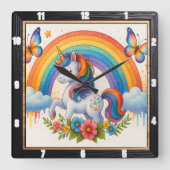 Horloge Carrée Licorne papillon arc-en-ciel  (Recto)