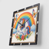 Horloge Carrée Licorne papillon arc-en-ciel  (Angle)