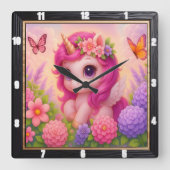 Horloge Carrée Licorne Papillon Rose Mignonne (Recto)