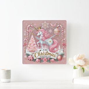 Horloge Carrée Licorne Rose de Noël au Pays des Merveilles