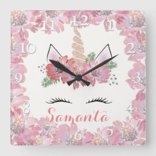 Horloge Carrée Licorne, Visage de Licorne, personnalisé, féminin,
