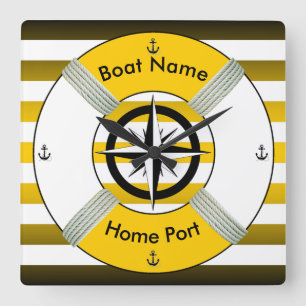 Horloge Carrée Lifebuoy~Cercle de vie ~Livesaver~ Gold Black & Wh