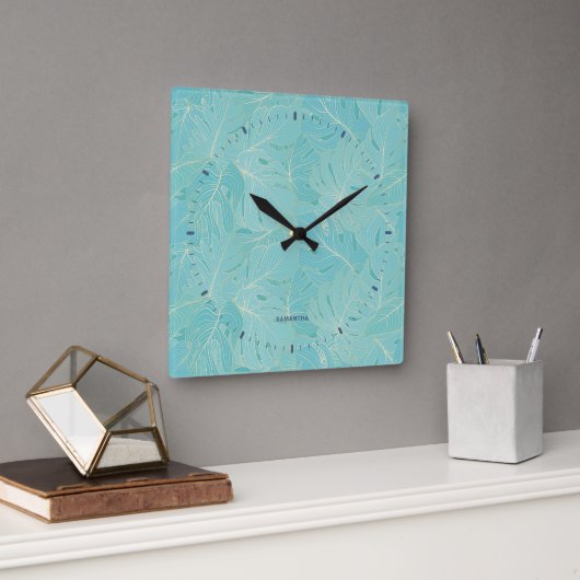 Horloge Carrée Light blue tropical palm leaves pattern (Bureau)